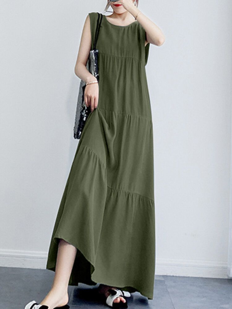 Robe Maxi Plissée À Col Rond Sans Manches À Volants De Couleur Unie