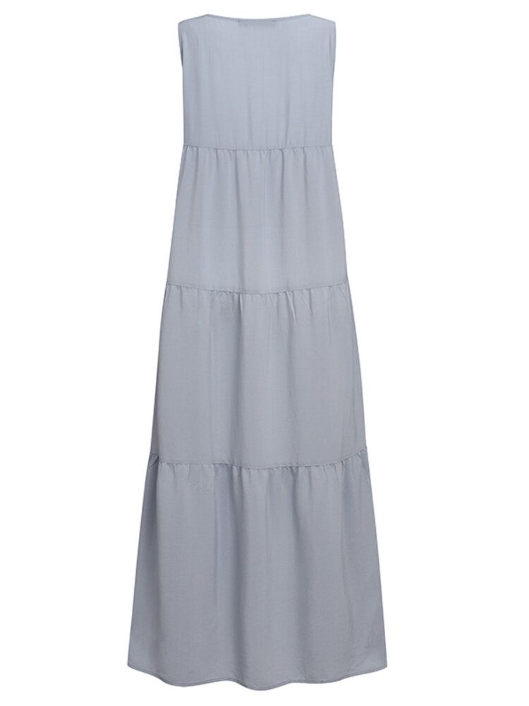 Robe Maxi Plissée À Col Rond Sans Manches À Volants De Couleur Unie