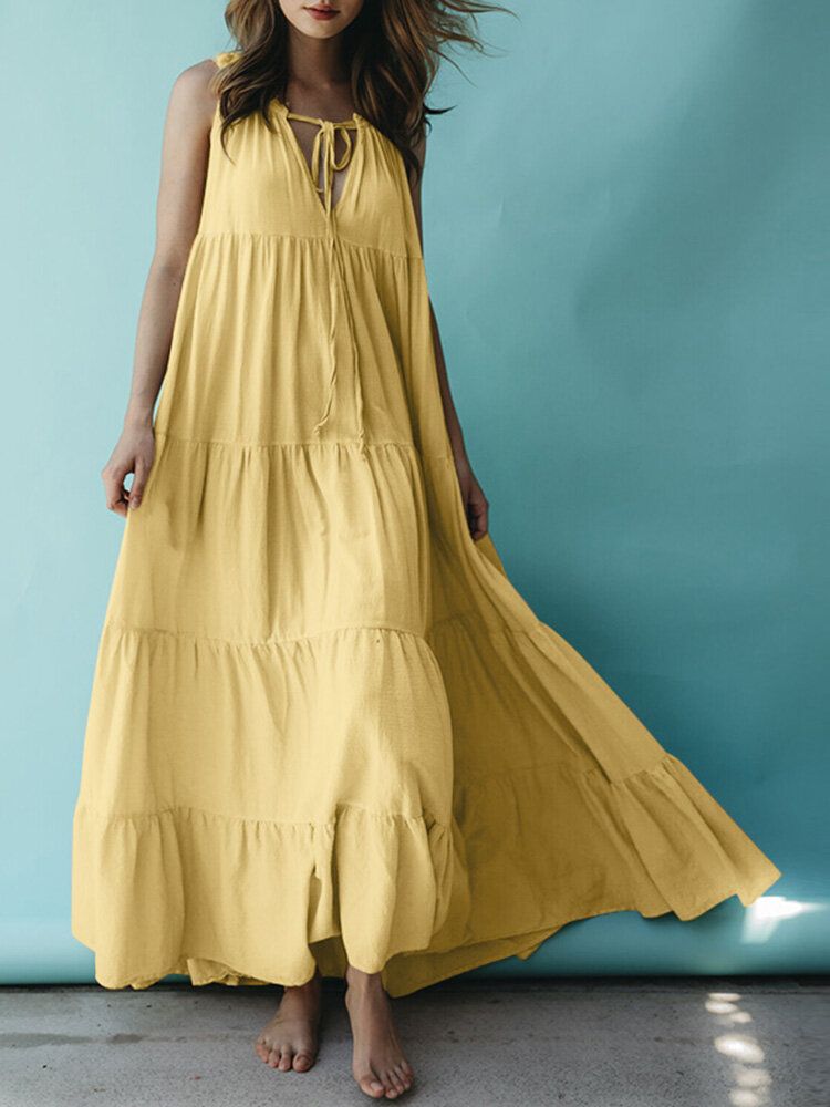 Robe Maxi Plissée Décontractée Sans Manches À Col En V