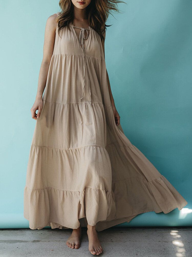 Robe Maxi Plissée Décontractée Sans Manches À Col En V