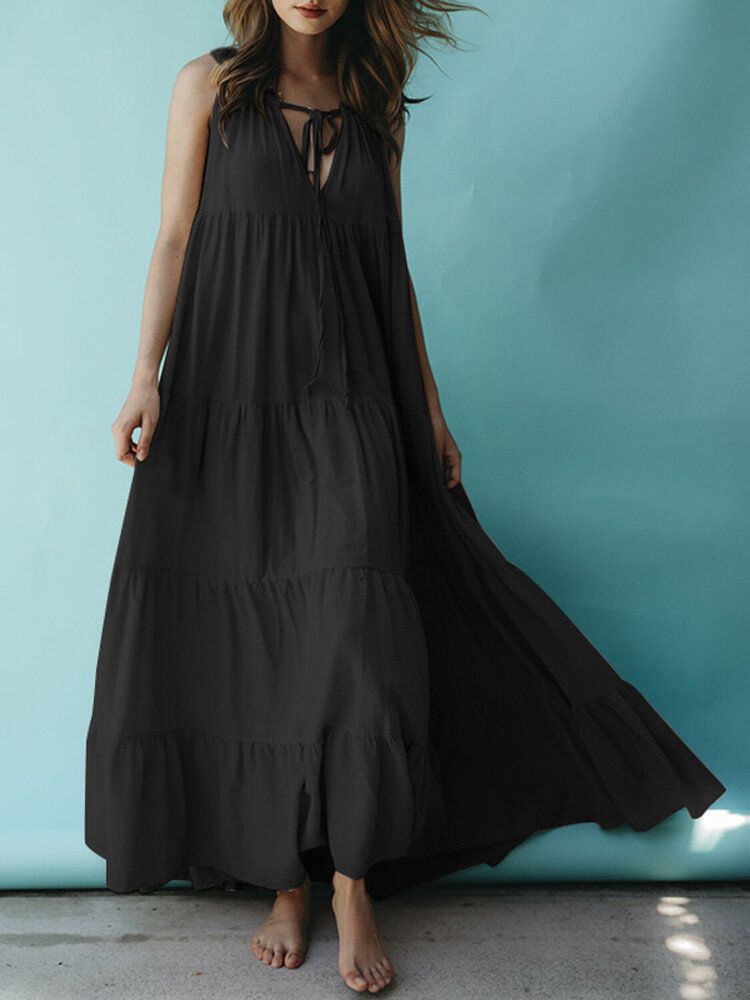 Robe Maxi Plissée Décontractée Sans Manches À Col En V