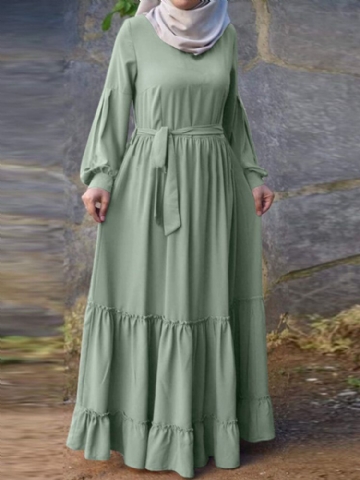 Robe Maxi Plissée À Manches Longues Avec Fermeture Éclair Dans Le Dos Et Col Rond De Couleur Unie