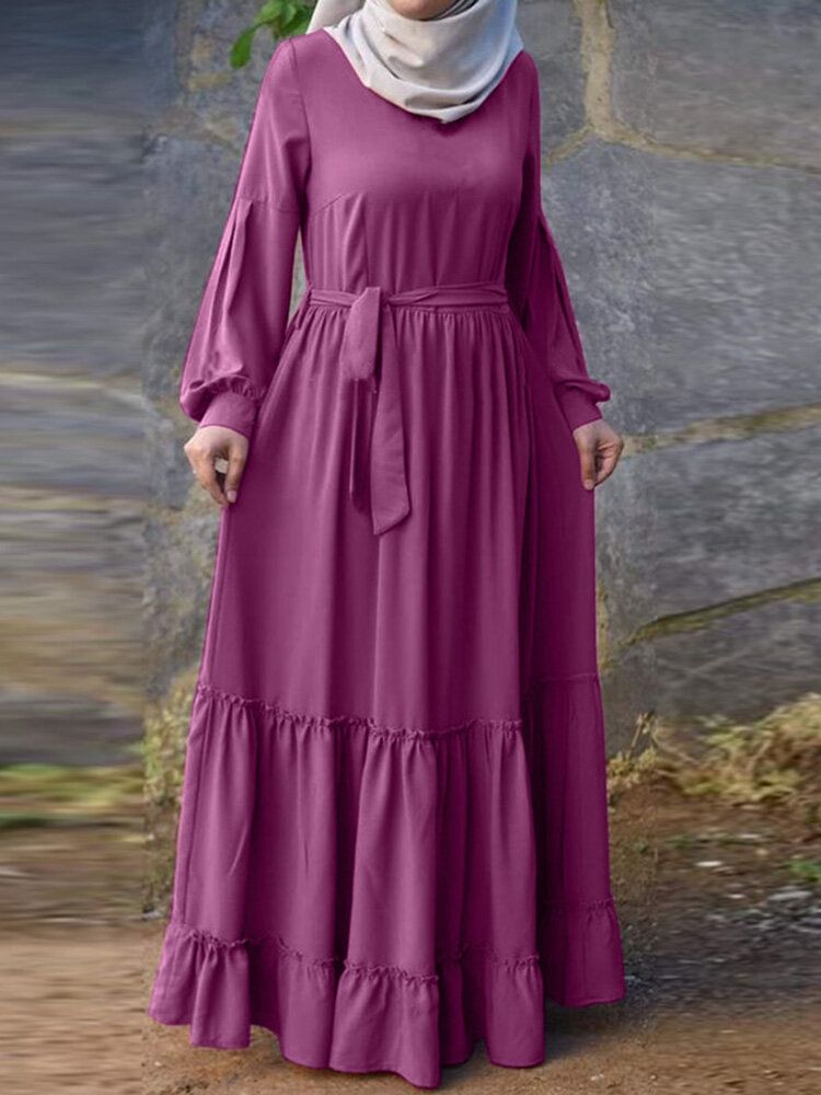 Robe Maxi Plissée À Manches Longues Avec Fermeture Éclair Dans Le Dos Et Col Rond De Couleur Unie