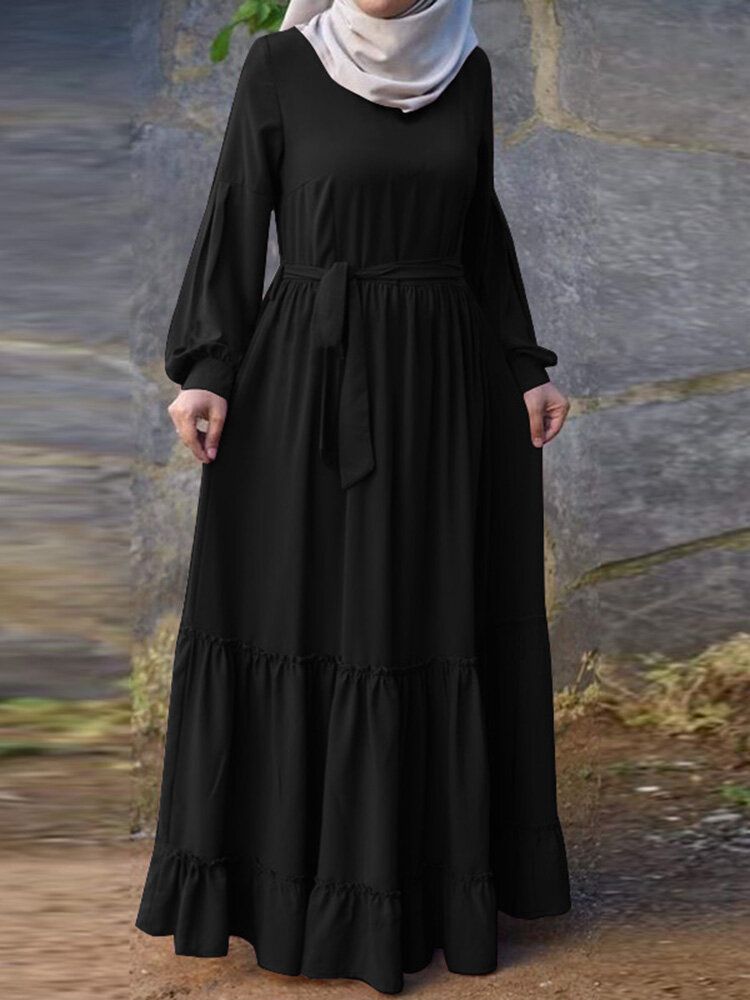 Robe Maxi Plissée À Manches Longues Avec Fermeture Éclair Dans Le Dos Et Col Rond De Couleur Unie