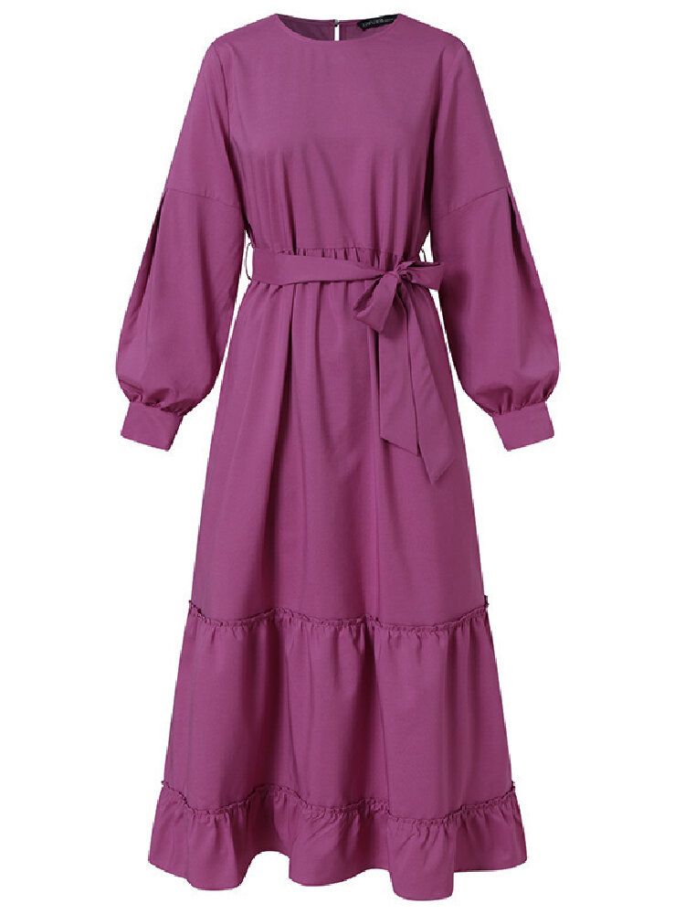 Robe Maxi Plissée À Manches Longues Avec Fermeture Éclair Dans Le Dos Et Col Rond De Couleur Unie