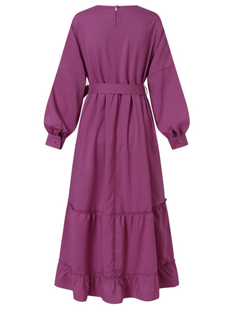 Robe Maxi Plissée À Manches Longues Avec Fermeture Éclair Dans Le Dos Et Col Rond De Couleur Unie