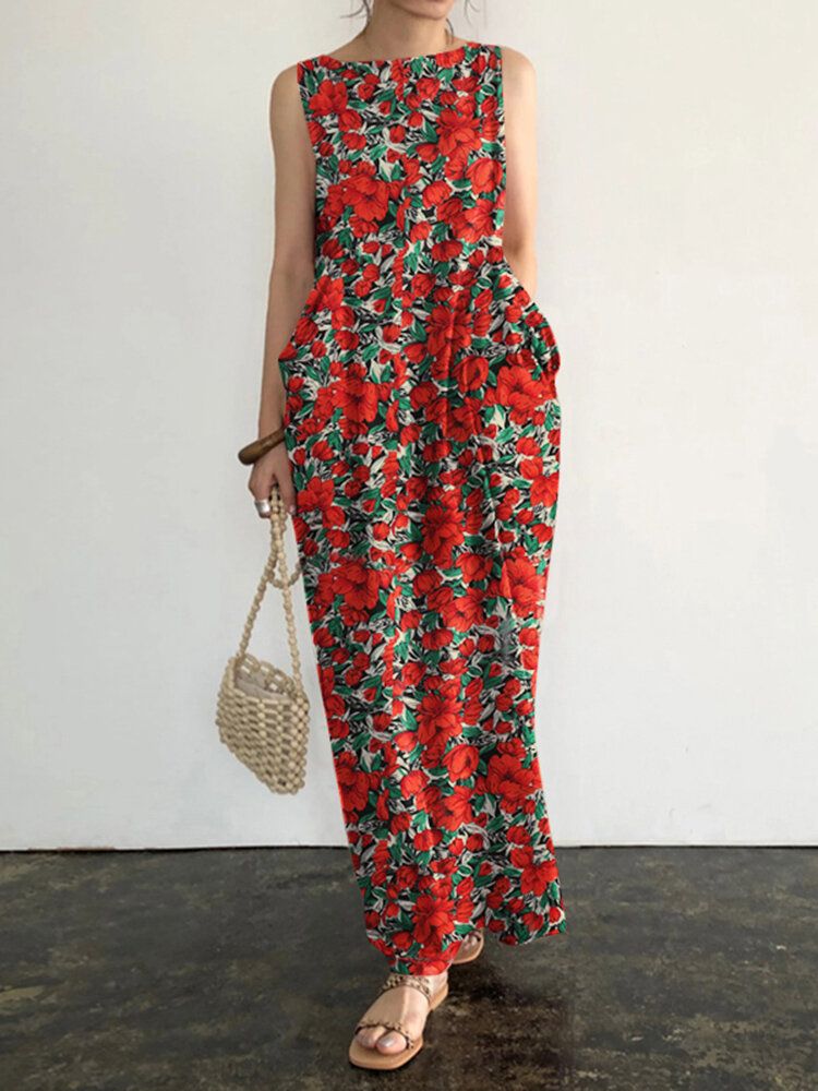 Robe Maxi Sans Manches À Col Rond Et Imprimé Floral Avec Poche