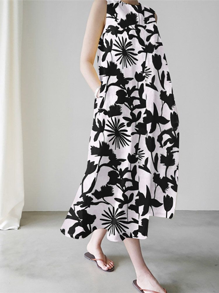 Robe Maxi Sans Manches À Col Rond Et À Imprimé Végétal