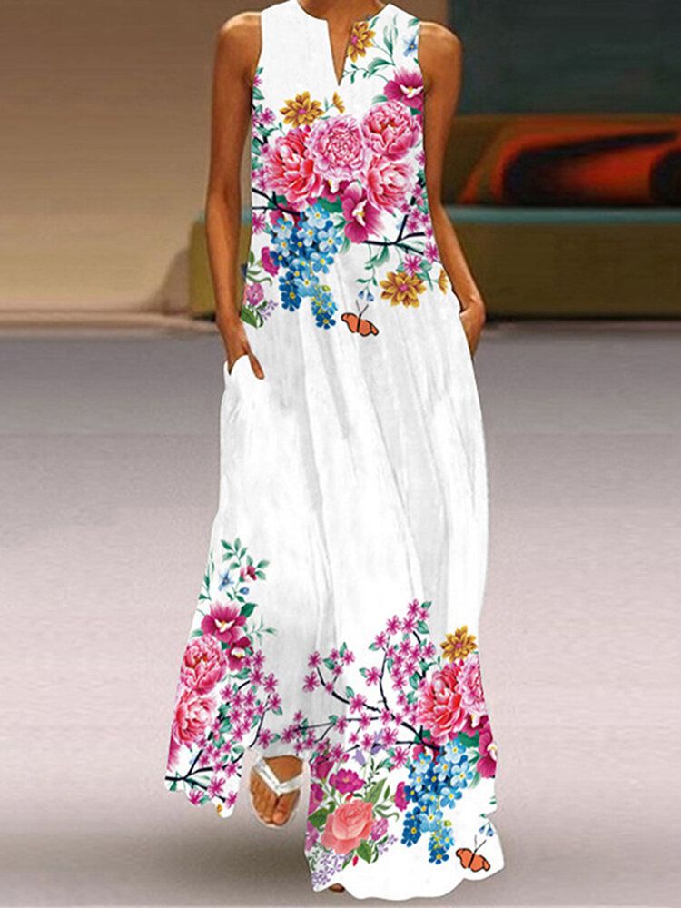 Robe Maxi Sans Manches À Col Semi-ouvert Et À Imprimé Fleuri