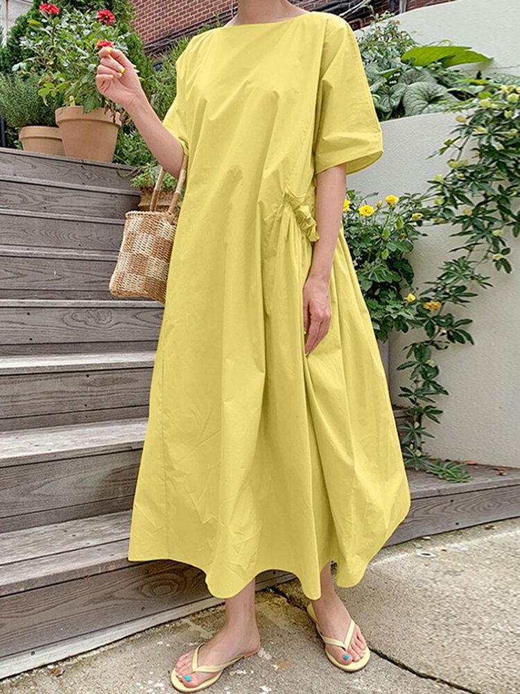 Robe Maxi Unie Décontractée À Col Rond Et Poche Plissée