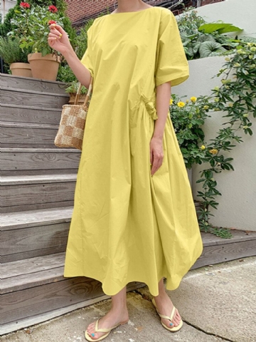 Robe Maxi Unie Décontractée À Col Rond Et Poche Plissée