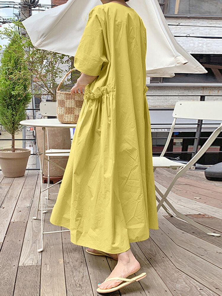 Robe Maxi Unie Décontractée À Col Rond Et Poche Plissée