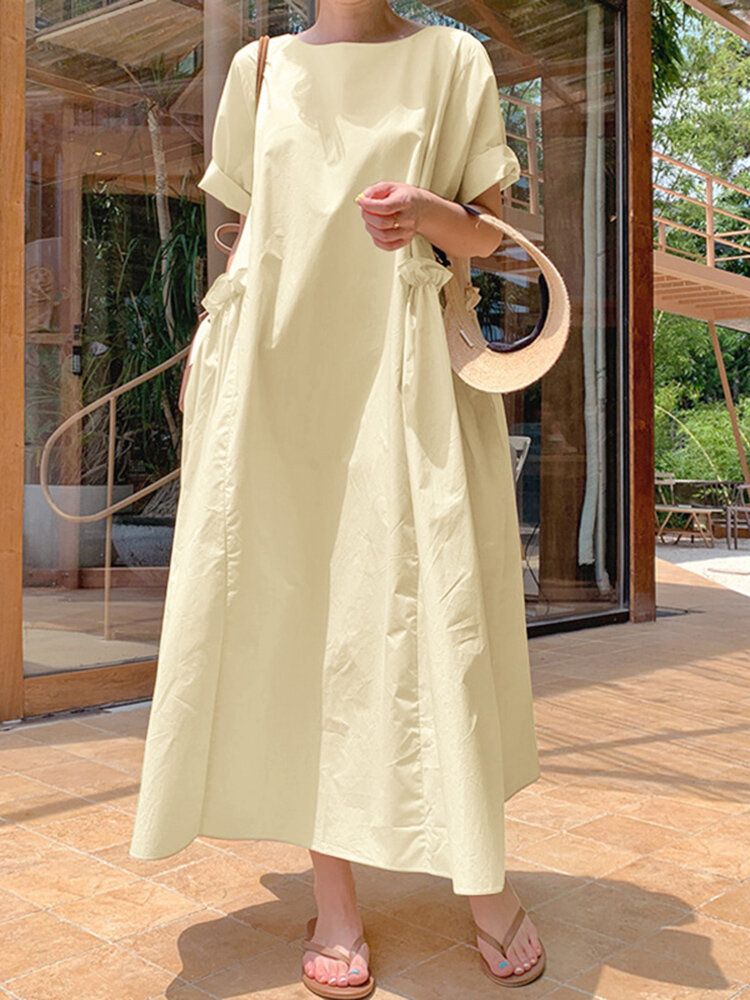 Robe Maxi Unie Décontractée À Col Rond Et Poche Plissée