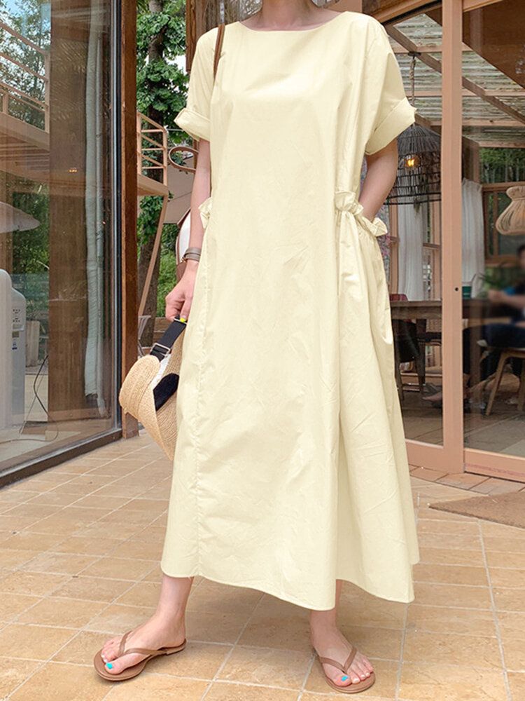 Robe Maxi Unie Décontractée À Col Rond Et Poche Plissée