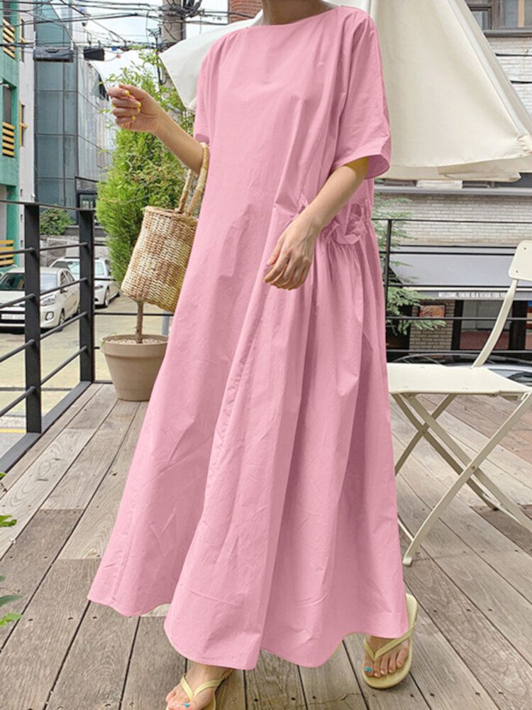 Robe Maxi Unie Décontractée À Col Rond Et Poche Plissée