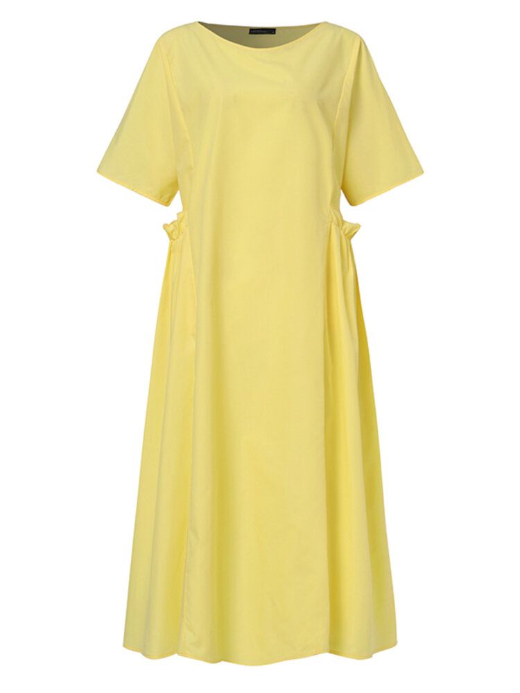 Robe Maxi Unie Décontractée À Col Rond Et Poche Plissée