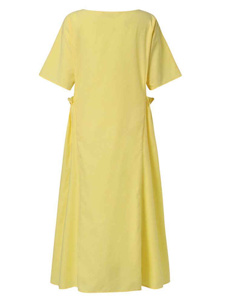 Robe Maxi Unie Décontractée À Col Rond Et Poche Plissée