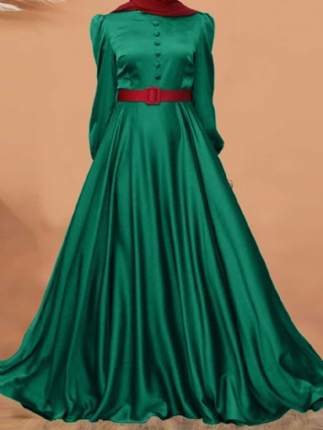 Robe Maxi Unie À Manches Bouffantes Et À Col Rond