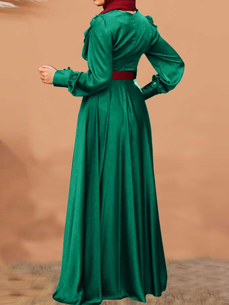 Robe Maxi Unie À Manches Bouffantes Et À Col Rond