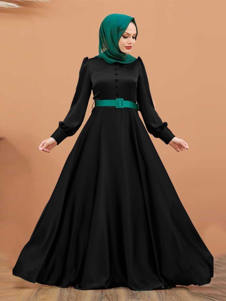 Robe Maxi Unie À Manches Bouffantes Et À Col Rond