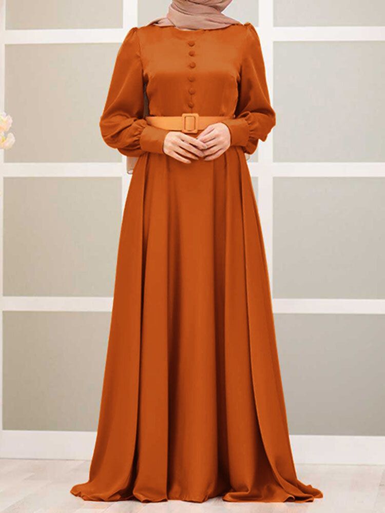 Robe Maxi Unie À Manches Bouffantes Et À Col Rond