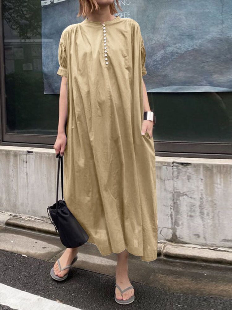 Robe Maxi Unie Plissée À Manches Bouffantes Et À Col Rond Avec Poche