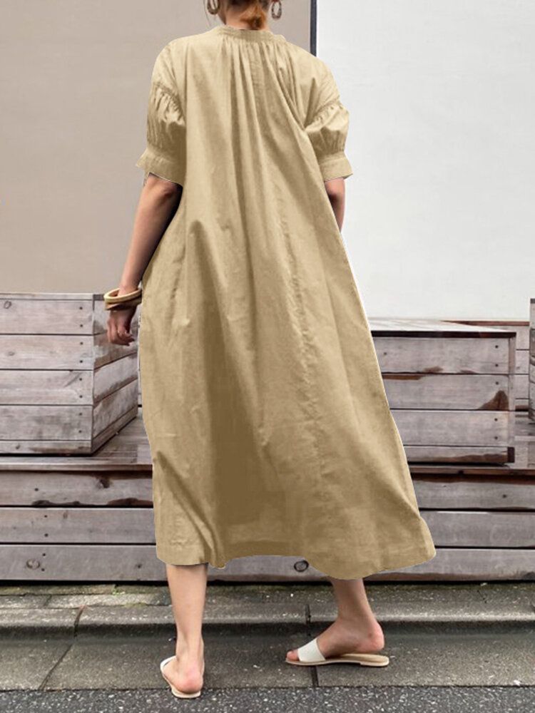 Robe Maxi Unie Plissée À Manches Bouffantes Et À Col Rond Avec Poche