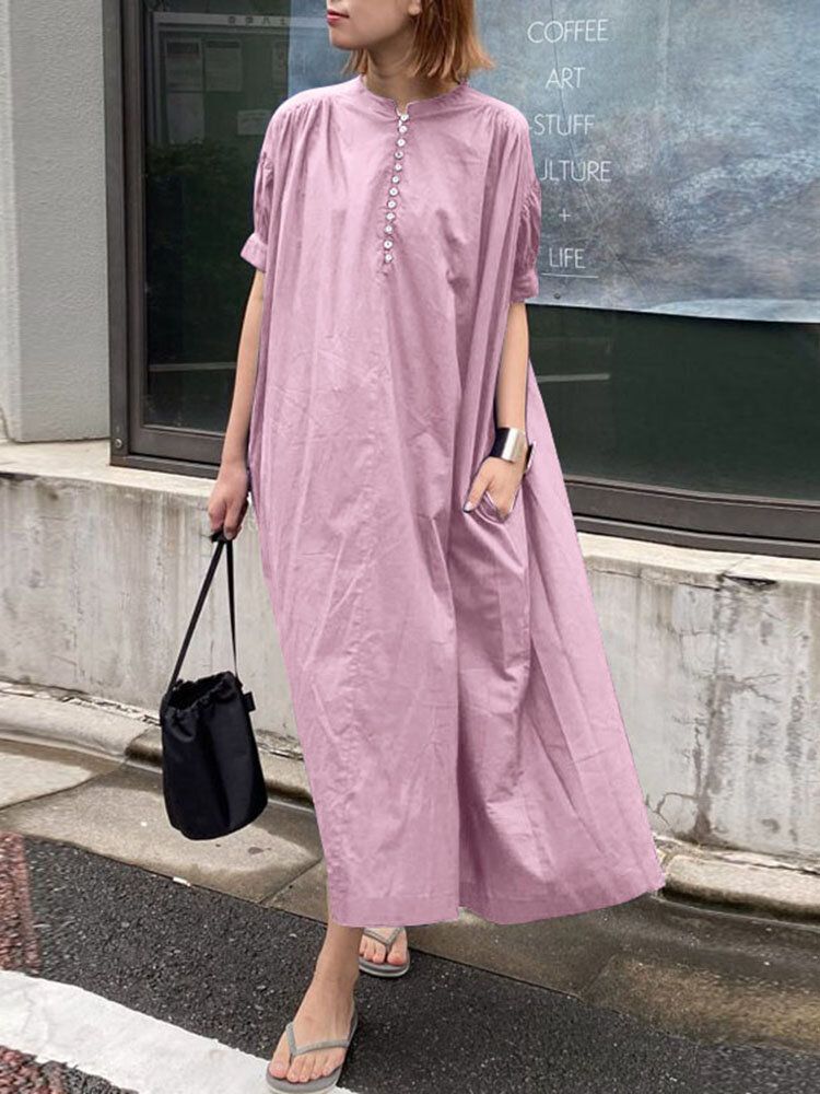 Robe Maxi Unie Plissée À Manches Bouffantes Et À Col Rond Avec Poche