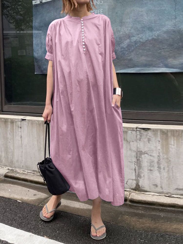 Robe Maxi Unie Plissée À Manches Bouffantes Et À Col Rond Avec Poche