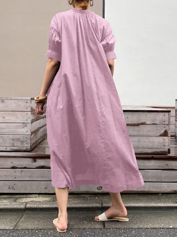 Robe Maxi Unie Plissée À Manches Bouffantes Et À Col Rond Avec Poche