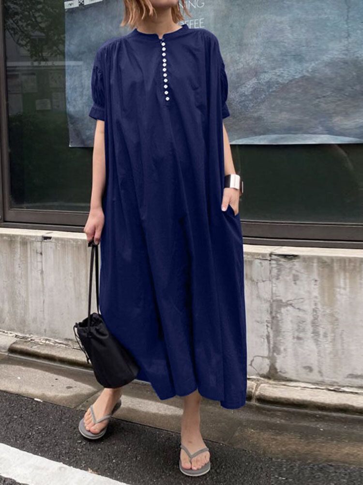 Robe Maxi Unie Plissée À Manches Bouffantes Et À Col Rond Avec Poche