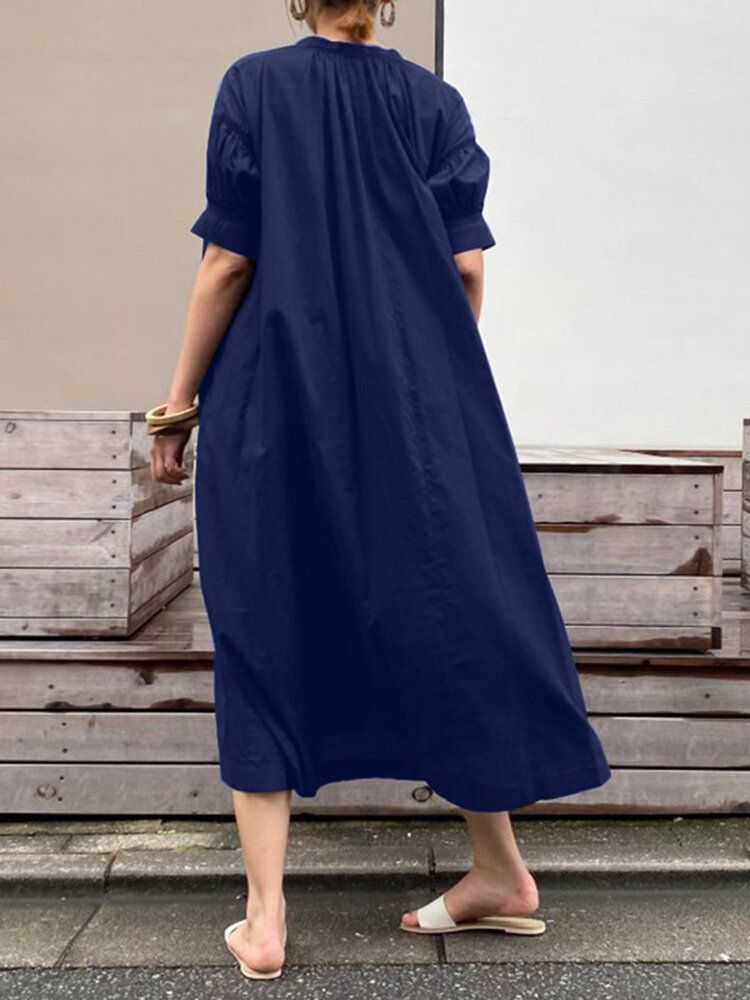 Robe Maxi Unie Plissée À Manches Bouffantes Et À Col Rond Avec Poche