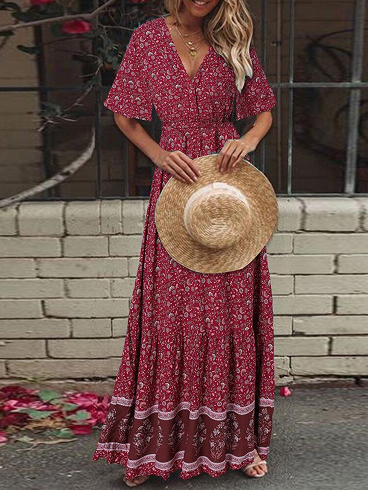 Robe Maxi De Vacances Bohème À Imprimé Floral Rétro Et Col En V À Manches Courtes Et Taille Élastique