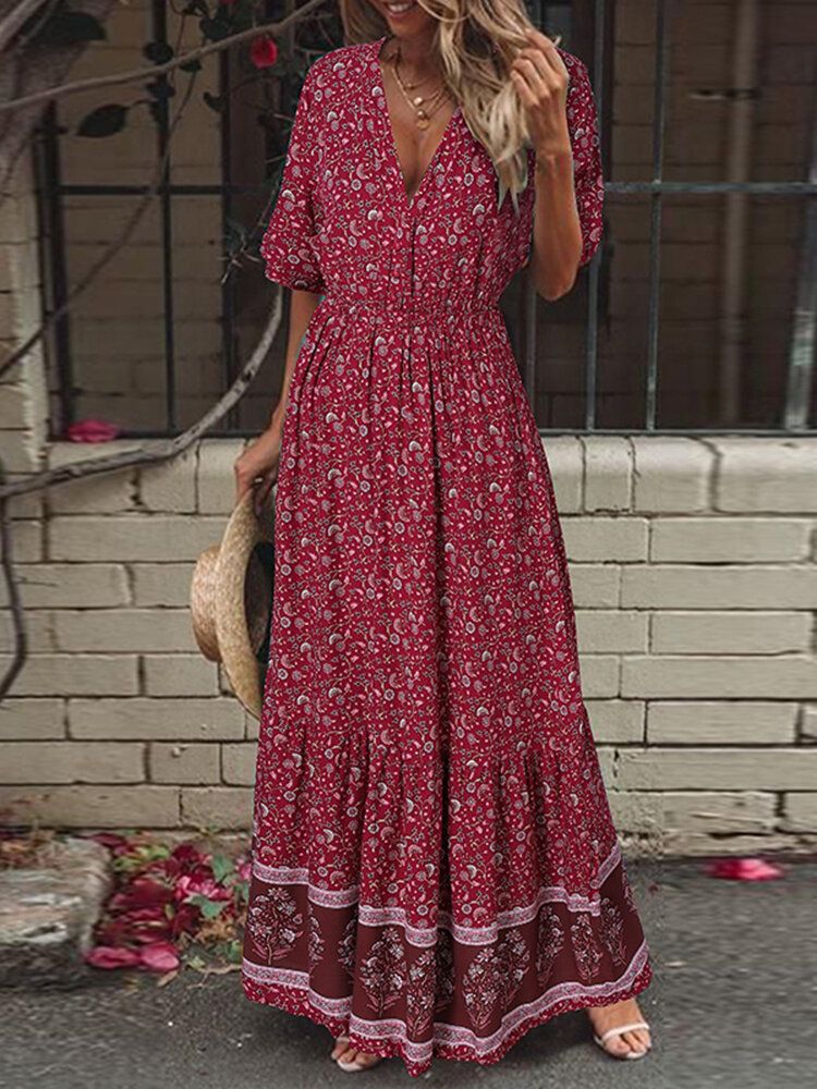 Robe Maxi De Vacances Bohème À Imprimé Floral Rétro Et Col En V À Manches Courtes Et Taille Élastique