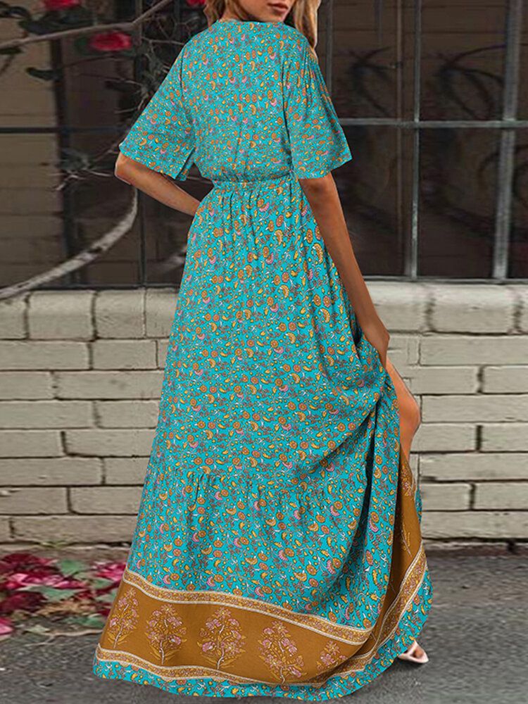 Robe Maxi De Vacances Bohème À Imprimé Floral Rétro Et Col En V À Manches Courtes Et Taille Élastique