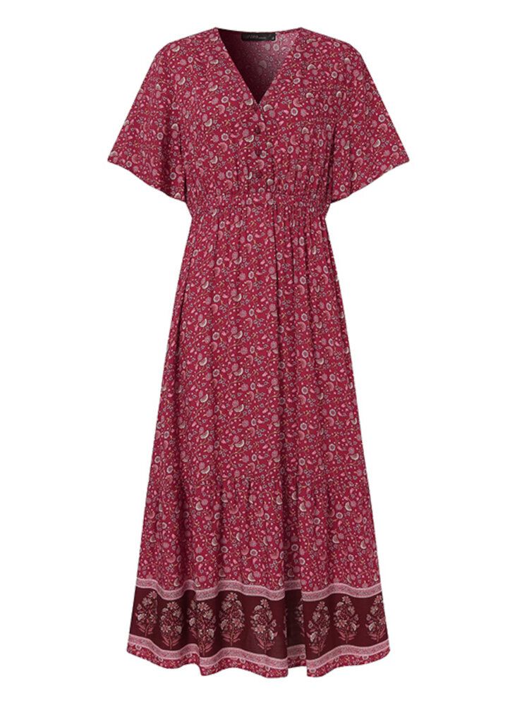 Robe Maxi De Vacances Bohème À Imprimé Floral Rétro Et Col En V À Manches Courtes Et Taille Élastique