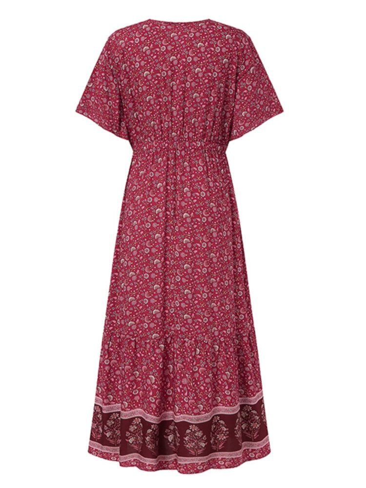 Robe Maxi De Vacances Bohème À Imprimé Floral Rétro Et Col En V À Manches Courtes Et Taille Élastique