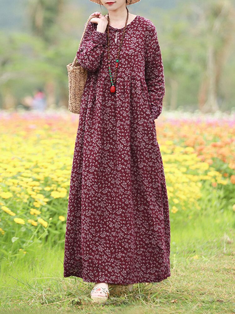 Robe Maxi De Vacances Bohème À Manches Longues Et À Imprimé Floral Pour Femmes Avec Poche