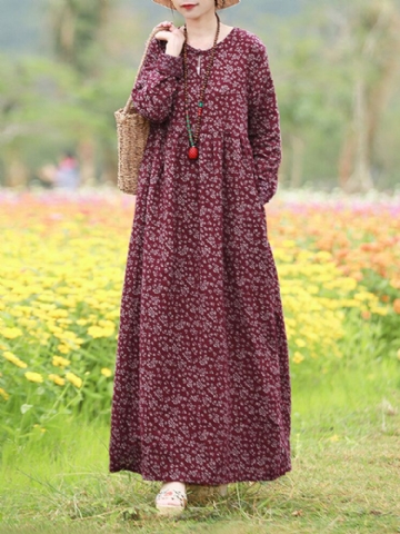 Robe Maxi De Vacances Bohème À Manches Longues Et À Imprimé Floral Pour Femmes Avec Poche