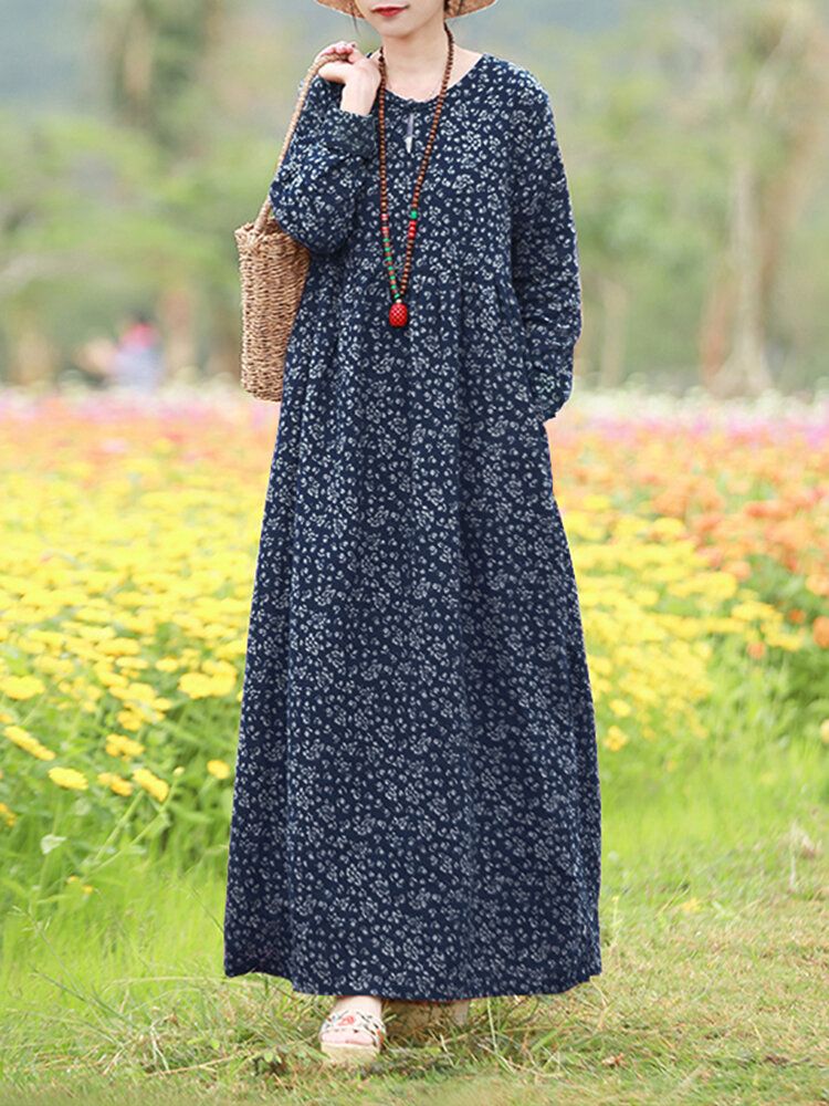 Robe Maxi De Vacances Bohème À Manches Longues Et À Imprimé Floral Pour Femmes Avec Poche