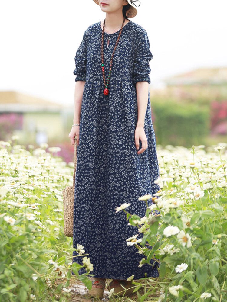 Robe Maxi De Vacances Bohème À Manches Longues Et À Imprimé Floral Pour Femmes Avec Poche