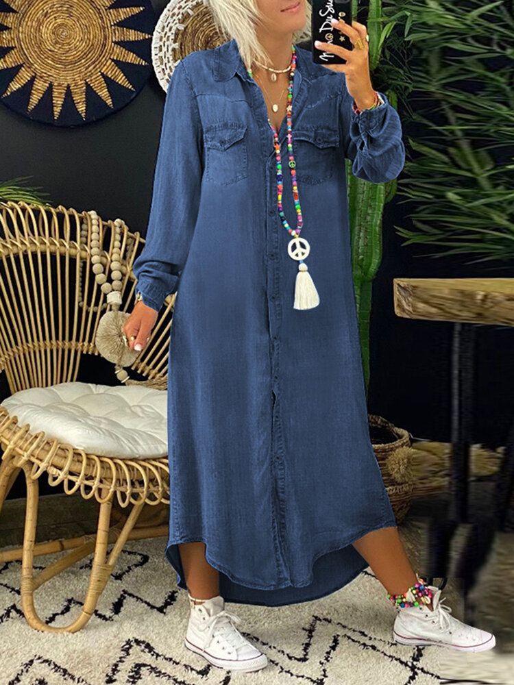 Robe Maxi De Vacances Décontractée À Revers Et À Manches Longues Pour Femmes