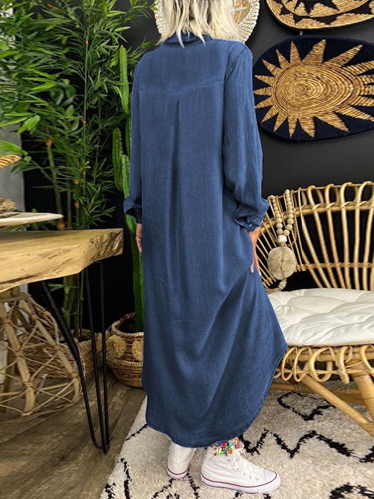 Robe Maxi De Vacances Décontractée À Revers Et À Manches Longues Pour Femmes