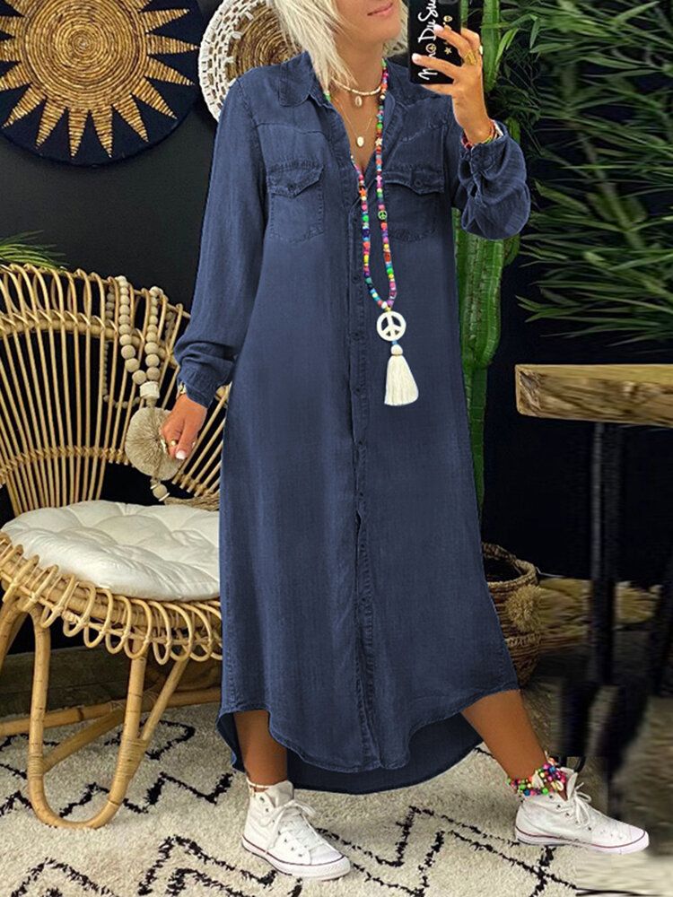 Robe Maxi De Vacances Décontractée À Revers Et À Manches Longues Pour Femmes