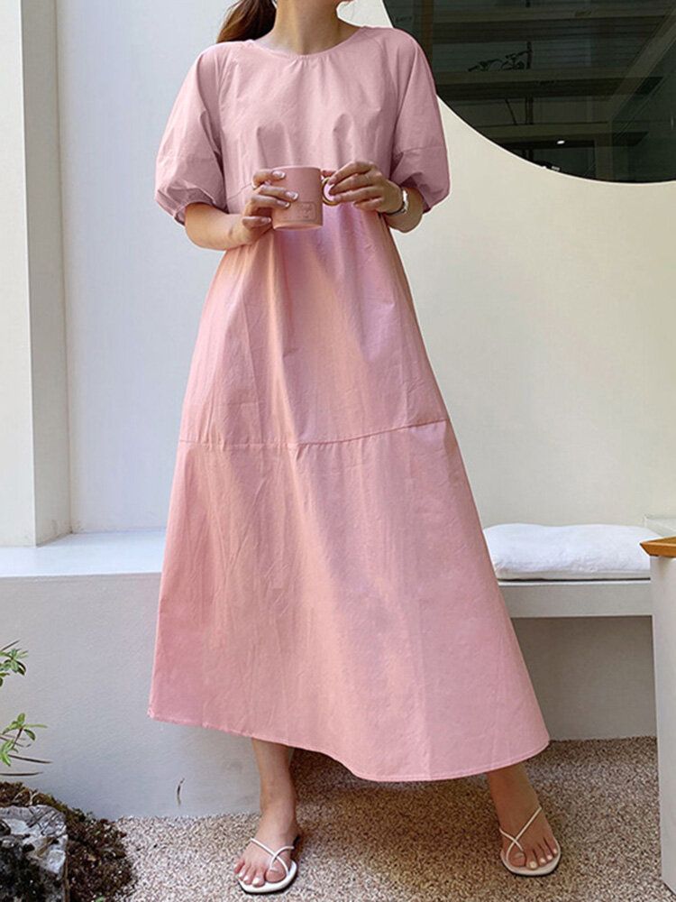 Robe Maxi De Vacances À Manches Bouffantes Et À Col Rond De Couleur Unie