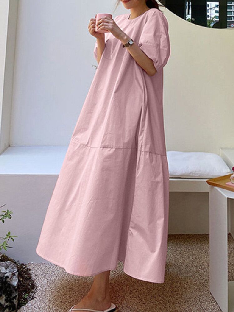 Robe Maxi De Vacances À Manches Bouffantes Et À Col Rond De Couleur Unie