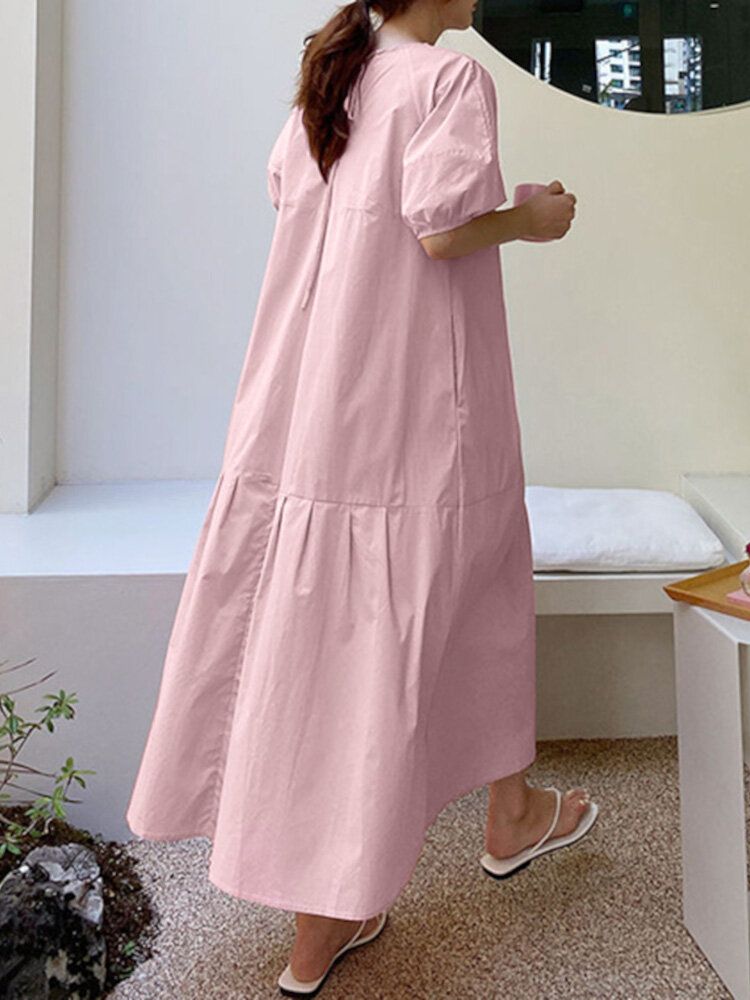 Robe Maxi De Vacances À Manches Bouffantes Et À Col Rond De Couleur Unie