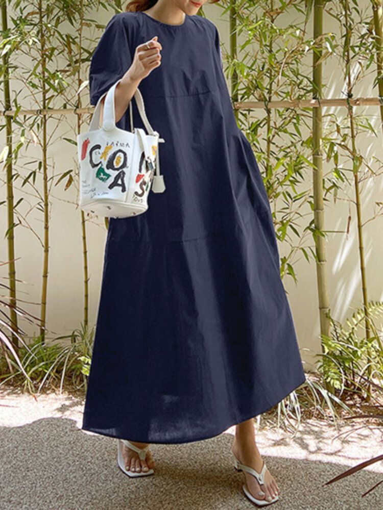 Robe Maxi De Vacances À Manches Bouffantes Et À Col Rond De Couleur Unie