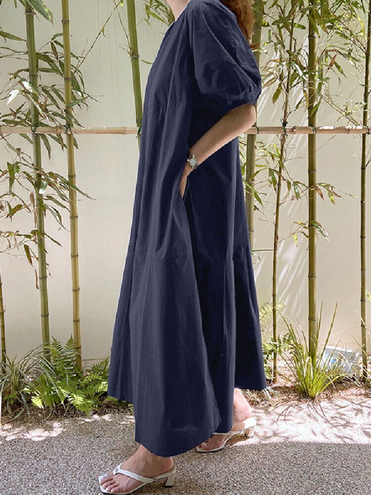 Robe Maxi De Vacances À Manches Bouffantes Et À Col Rond De Couleur Unie