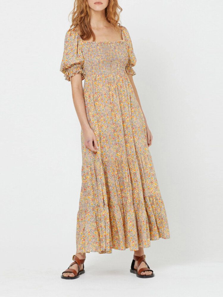 Robe Maxi De Vacances À Manches Bouffantes Et À Encolure Carrée Pour Femmes